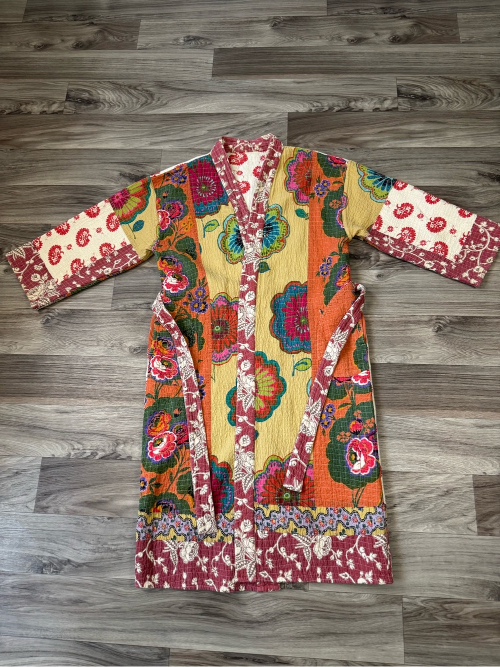 Kantha Quilted Robe 100% Cotton Boho Mixed Floral Print Duster Kimono Robe